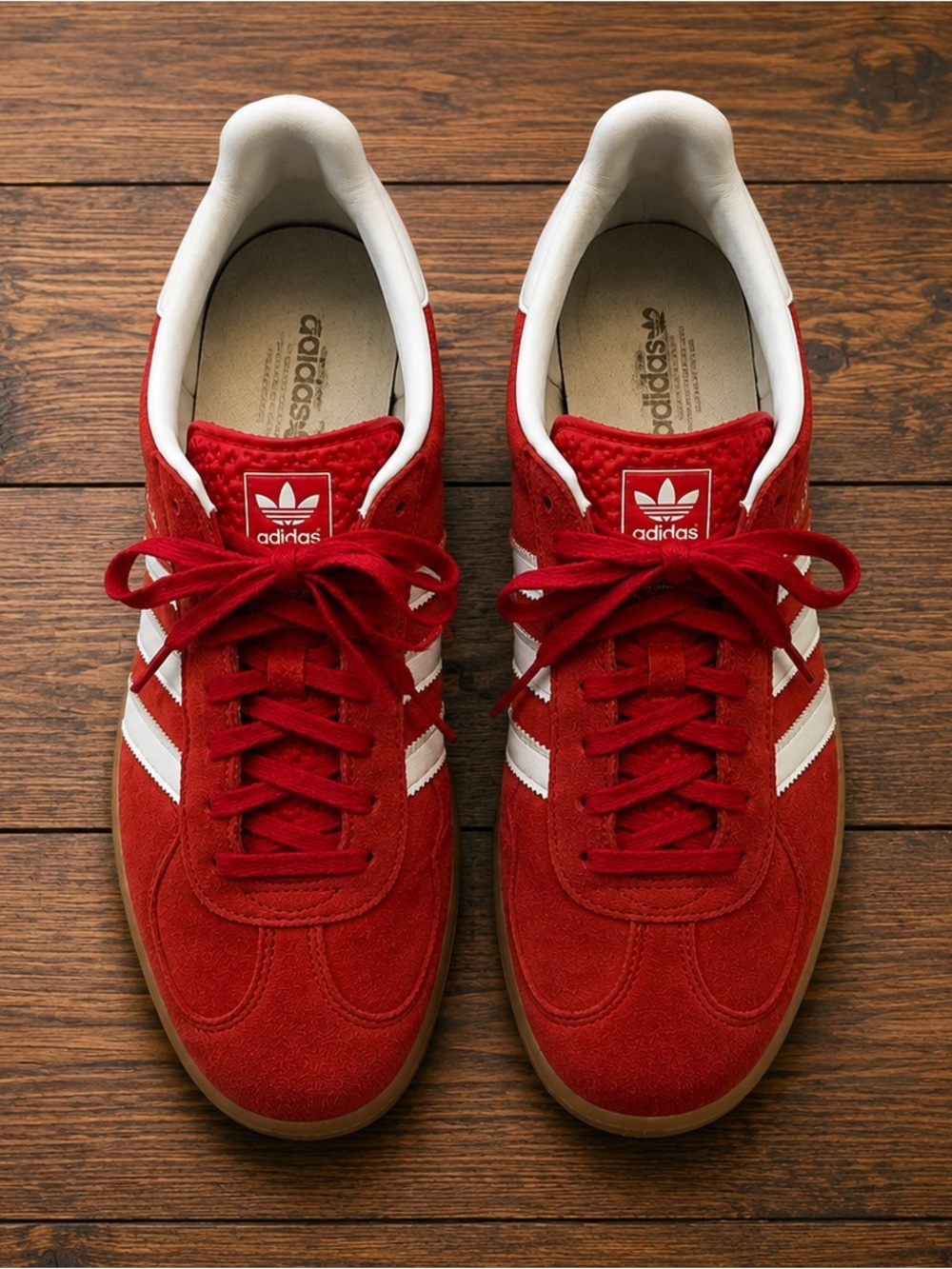 Size 13 Adidas gazelle‘s suede  Red Suede Sneakers with White Stripes